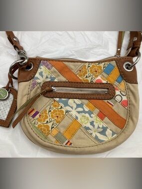FOSSIL Y2k Patchwork Canvas Crossbody Bag with Brown Leather Trim